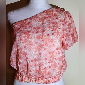 Heatherly One Shoulder Coral Floral Crop Top Womens Size Small